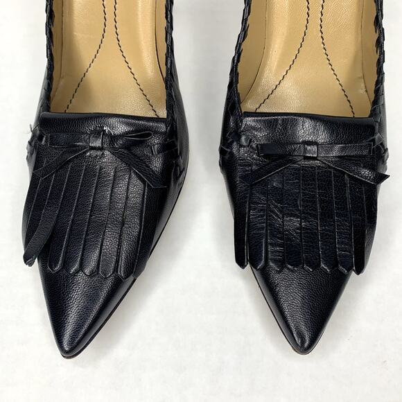 YSL rive gauche line black leather pointy pumps bow accent women's size 37.5 - Picture 2 of 9